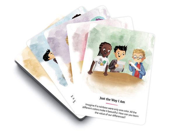 A set of four illustrated cards featuring people in various scenarios.