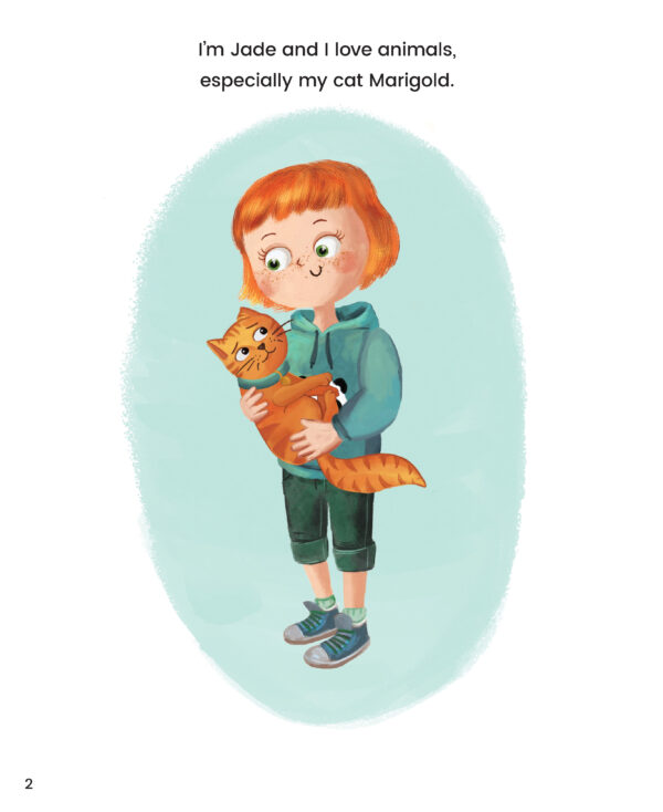 Page preview with illustration of a girl, and with text "I'm Jade and I love animals, especially my cat Marigold."