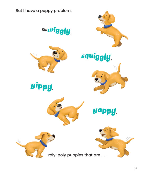 Page preview with illustration of dogs, and with text "But I have a puppy problem."