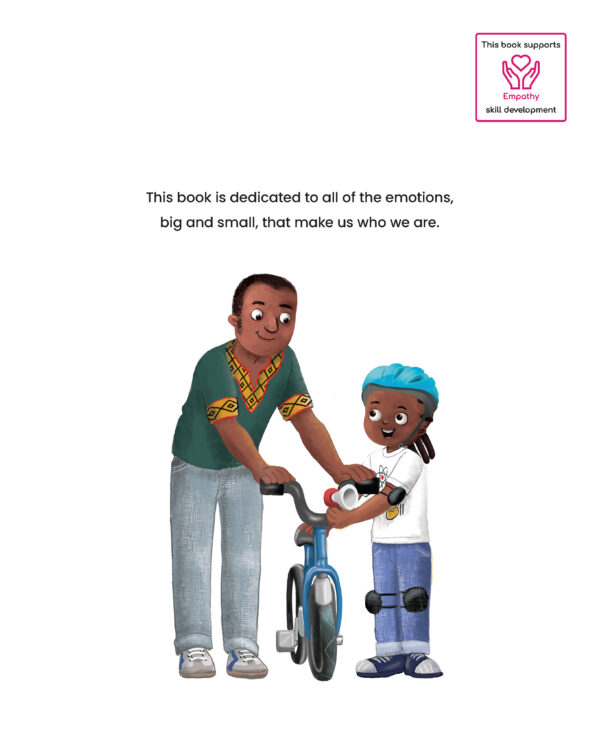 Page Preview with illustration with the girl and father, and text "This book is dedicated to all of the emotions, big and small, that make us who we are."