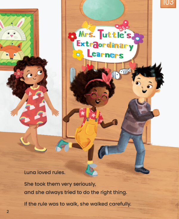 Page preview with the illustration of kids and with text "Luna loved rules. She took them very seriously, and she always tried to do the right thing. If the rule was to walk, she walked carefully."