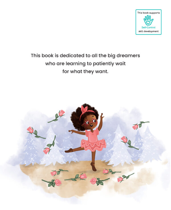 Page preview with illustration of a girl and with text "This book is dedicated to all the big dreamers who are learnong to patiently wait for what they want."
