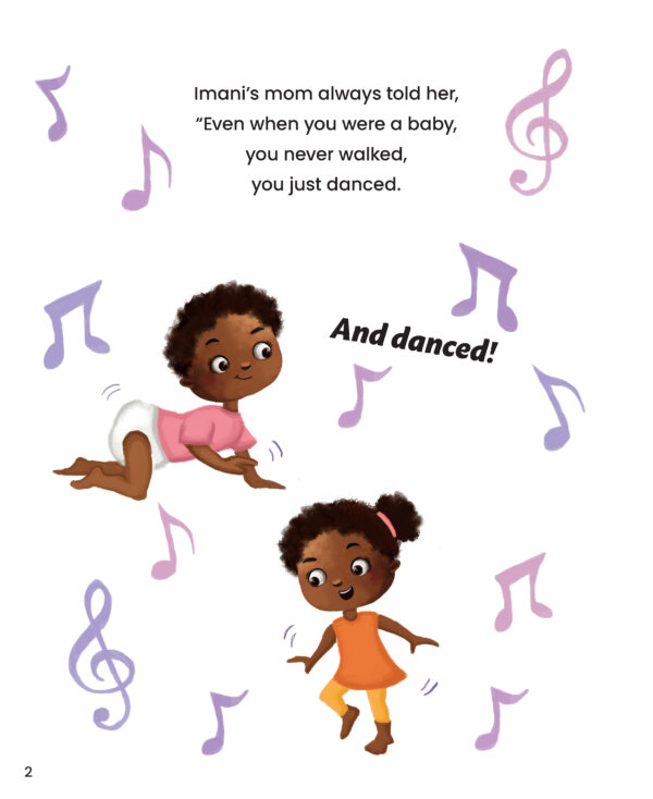 Page preview with illustration of kids and with text "Imani's mom always told her, "Even when you were a baby, you never walked, you just danced."